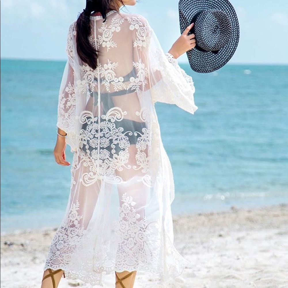 ***Bundle 2 for $10 Deal*** Long Lace Beach Kimono swim coverup - Picture 3 of 4
